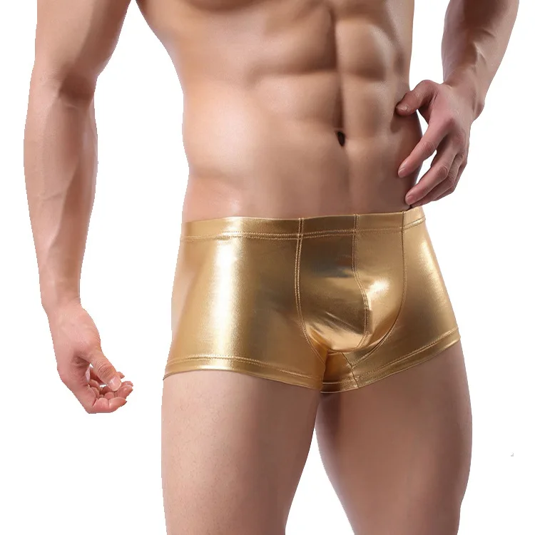 5pcs/lot New Faux Leather U Convex Boxers Men's Sexy Siamese Boxers Sexy Underwear Black/Gold/Silver S M L XL XXL Free Shipping