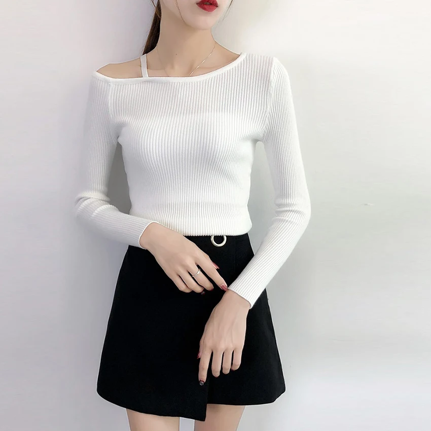 Sexy Off Shoulder Knitted Sweater knitwear Winter 2018 Autumn Women Pullover White Elasticity Slim Jumper Pull Femme | Женская одежда