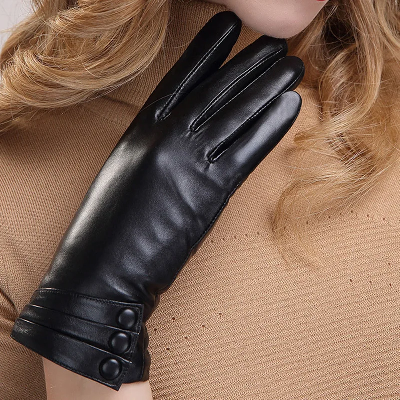 Genuine Leather Gloves Female Winter Sheepskin Gloves Women's Thicken Warm Leather Mittens Three Buttons Decoration MLZ014