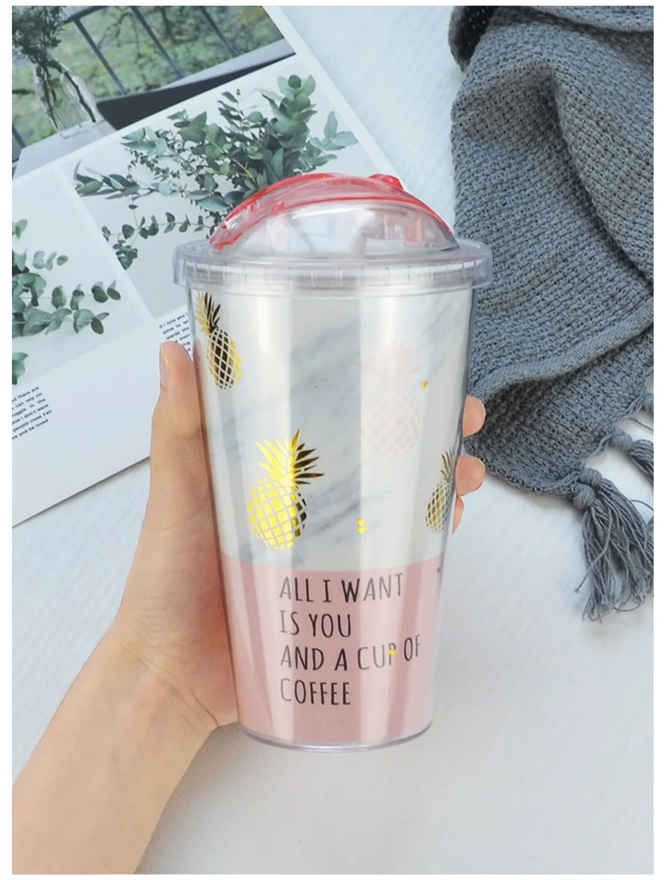 Creative Mugs Plastic Water Bottle Pink Pineapple Pattern Straw Travel Pop Up Portable Tea Milk Cup Drinkware Gifts 420ML