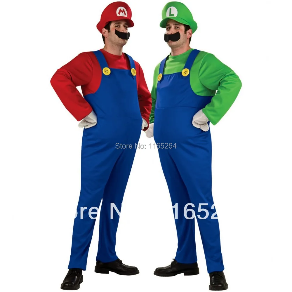 Костюм Супер Марио с шапкой и бородой для взрослых детей зеленый/красный костюм