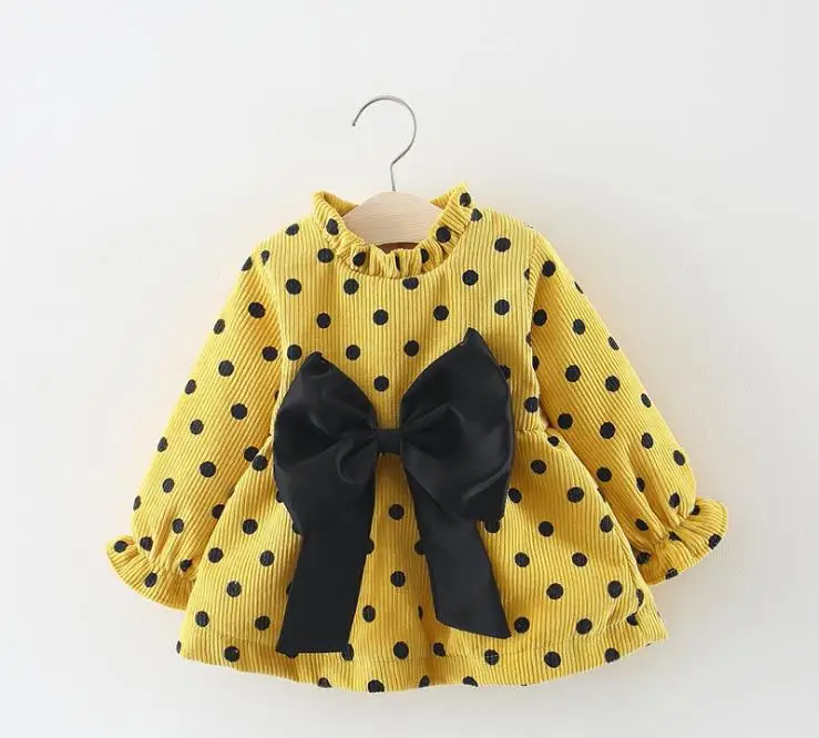 Autumn and winter new girls long-sleeved dress waist bow polka dot female baby cute A-shaped | Детская одежда и обувь