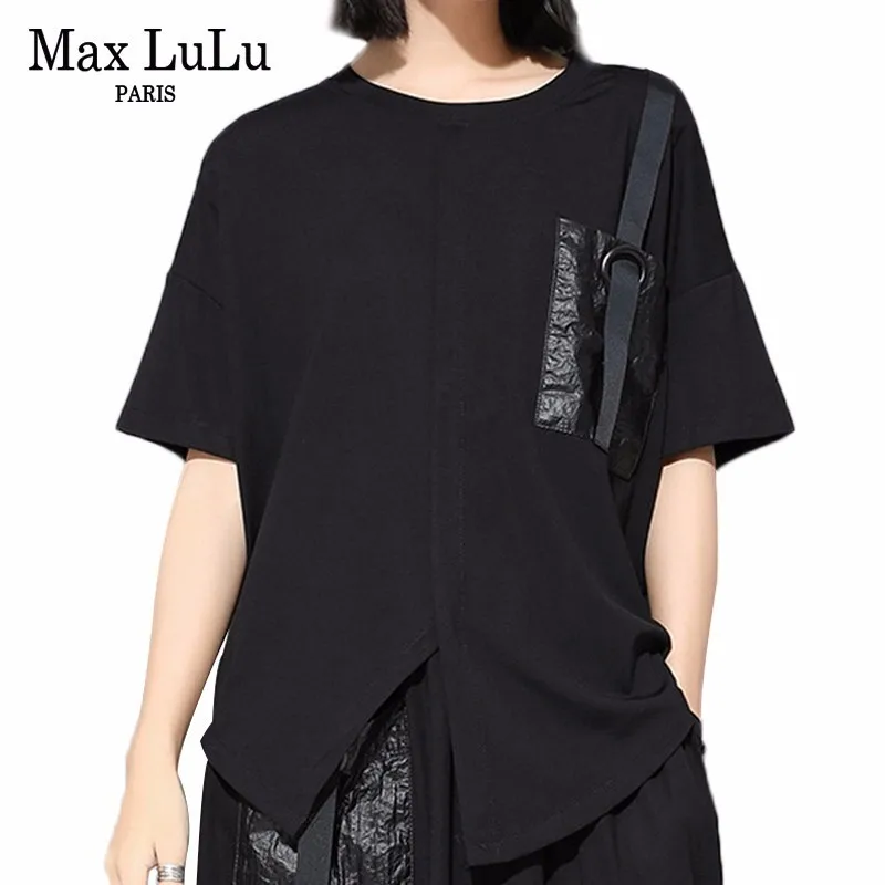 Max LuLu корейская мода роскошный стиль женские футболки в стиле панк женская черная одежда Kawaii Лоскутная Женская хлопковая Футболка Harajuku
