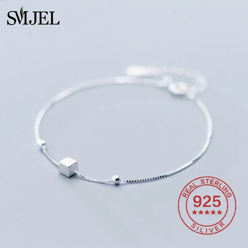 

SMJEL 100% 925 Sterling Silver Jewelry Tiny Cubic Square Bangles Women Bracelets Fashion Simple Geometric Cuff Bracelets