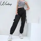 Женские брюки-карго Weekeep с высокой талией, черные свободные уличные брюки-карандаш в стиле пэчворк с карманами, модные женские брюки в стиле хип-хоп, 2018