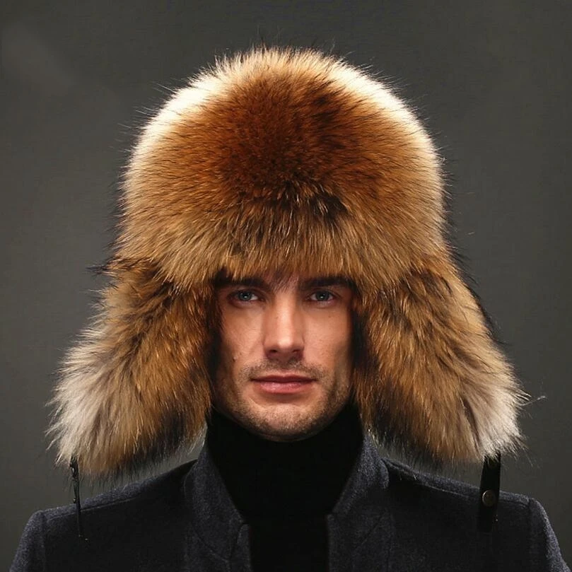 IANLAN Mens Full-pelt Blue Fox Fur Bomber Hats Real Raccoon Fur Earmuffs Hats Winter Outdoor Real Sheep Leather Caps IL00238