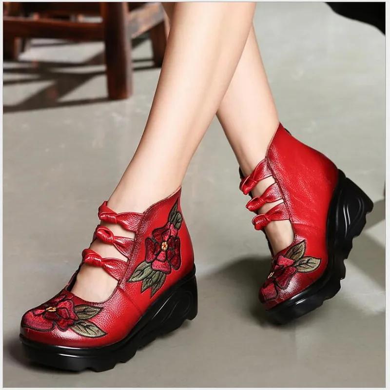 2021 New Arrival Women Genuine Leather Women Flats Platform Shoes Ethnic Style Embroidery With Zip Casual Ladies Loafers Shoes