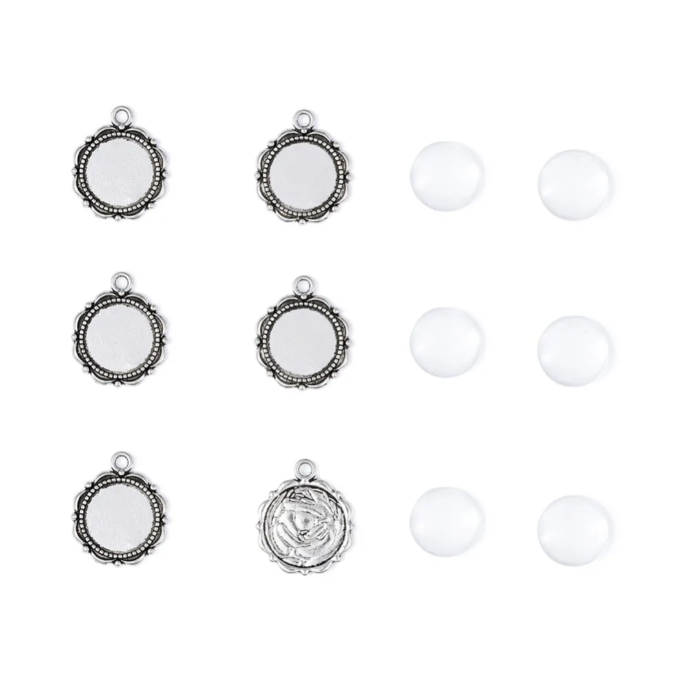 Пандахолл 20 наборов 14 мм цветочных подвесок из сплава с кабошонами и полукруглыми / домиковыми прозрачными стеклянными кабошонами для ювелирных изделий и компонентов находок.
