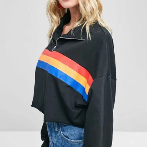 

Fashion Women Casual Tops Pullover Zipper Ladies Jumper Sweatshirt Zipper Striped Long Sleeve Hoodies