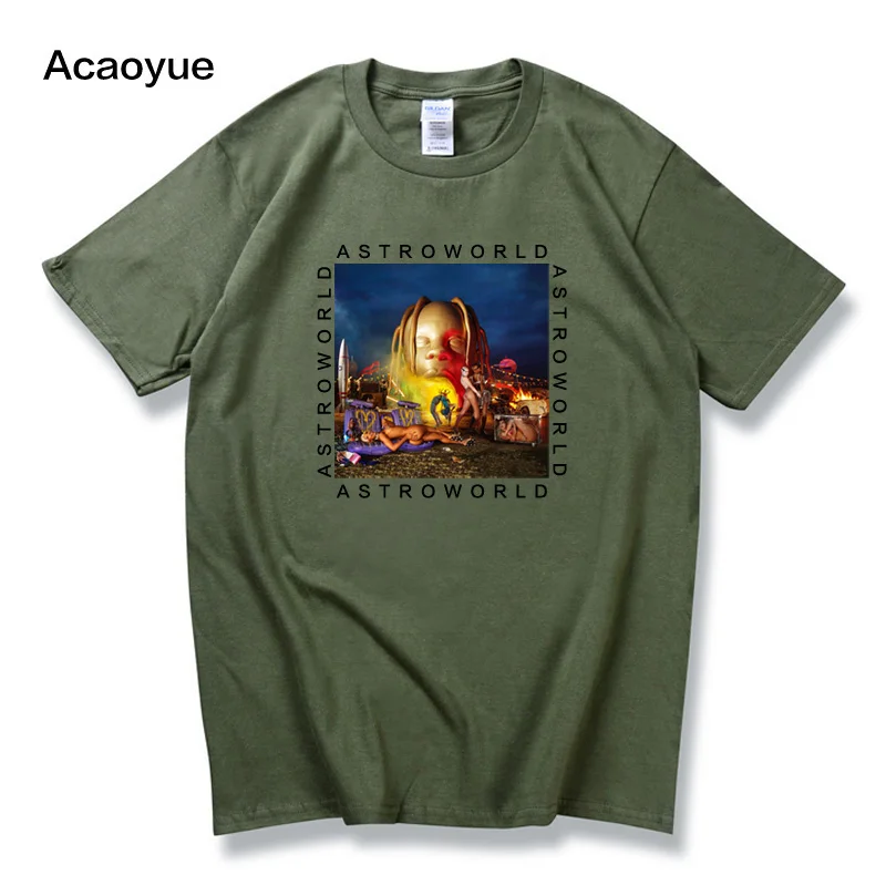 Army green Travis Scott Astroworld Cool Design T-Shirt New Arrival Funny T-shirt Mens and Womens Cotton Printed Plus Size Tops Tee 2XL - Color: Army green