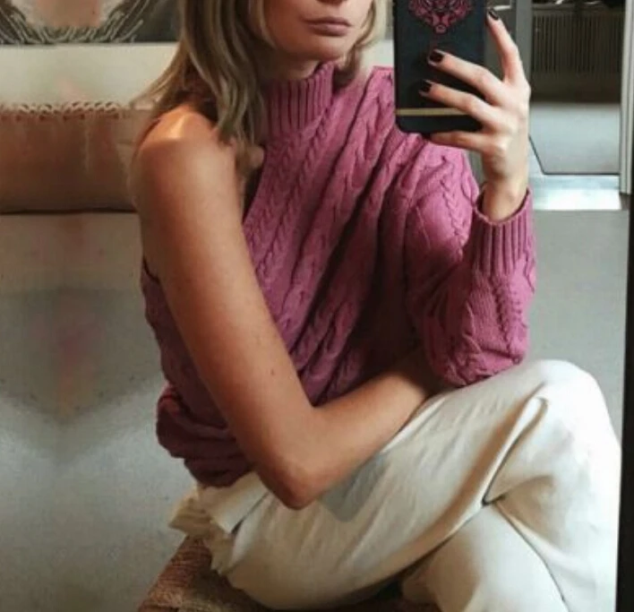 Women Knitted Sweater One Shoulder Turtleneck Pullover Tops Solid Color High Neck Sweaters Cold Knitwear Female Outwear | Женская одежда