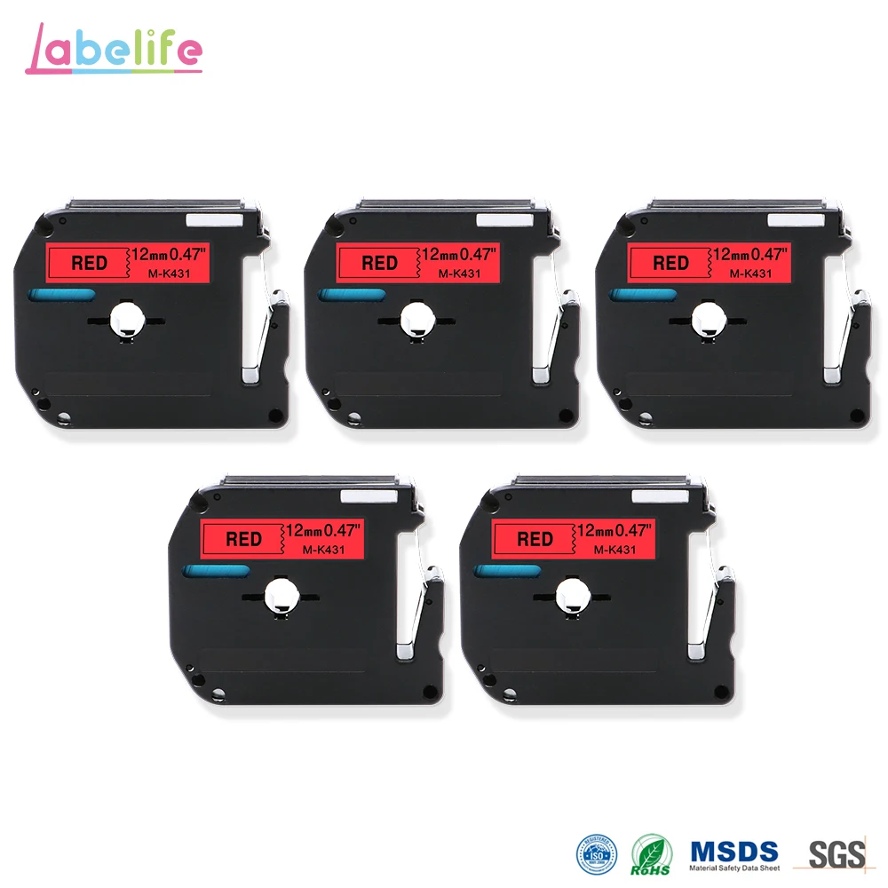 Labelife 5 упаковок 12 мм черная на Красной этикетке MK431 лента для Brother M-K431 M431 M-431 PT-65SCCP