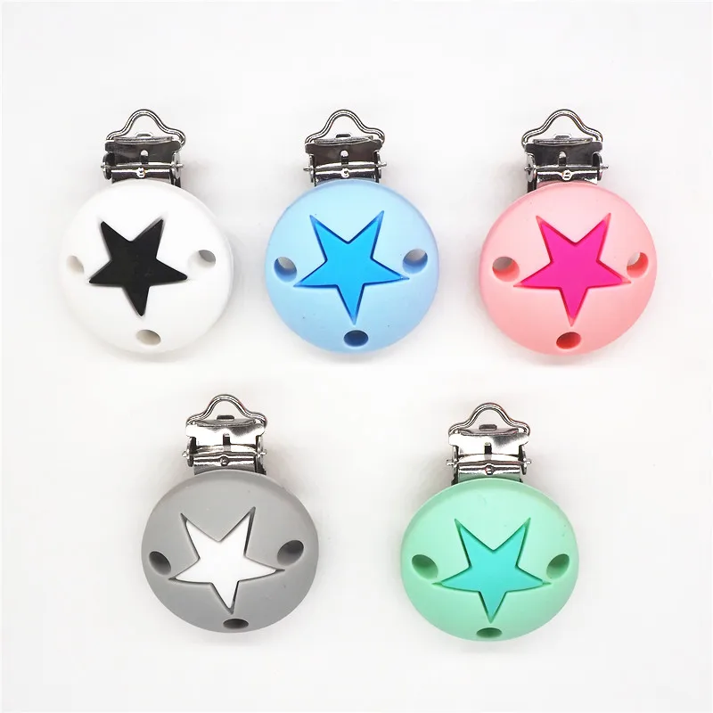 Chenkai 10pcs BPA Free Round Silicone Star Clips DIY Baby Teether Pacifier Dummy Montessori Sensory Holder Chain Jewelry Toy