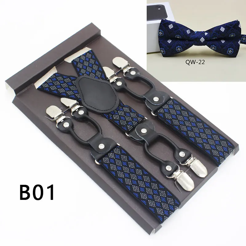 

6 Clips Braces Men's Fashion Suspenders Bowtie Sets Plaid Geometric Pattern Leather Vintage Suspensorio Tirante Trousers Strap