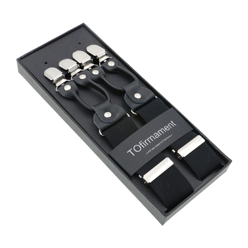 Black Real Leather 6 Clips Suspenders Braces Vintage Casual Suspensorio Tirante Trousers Strap Bretele Dad/Husband's Gift