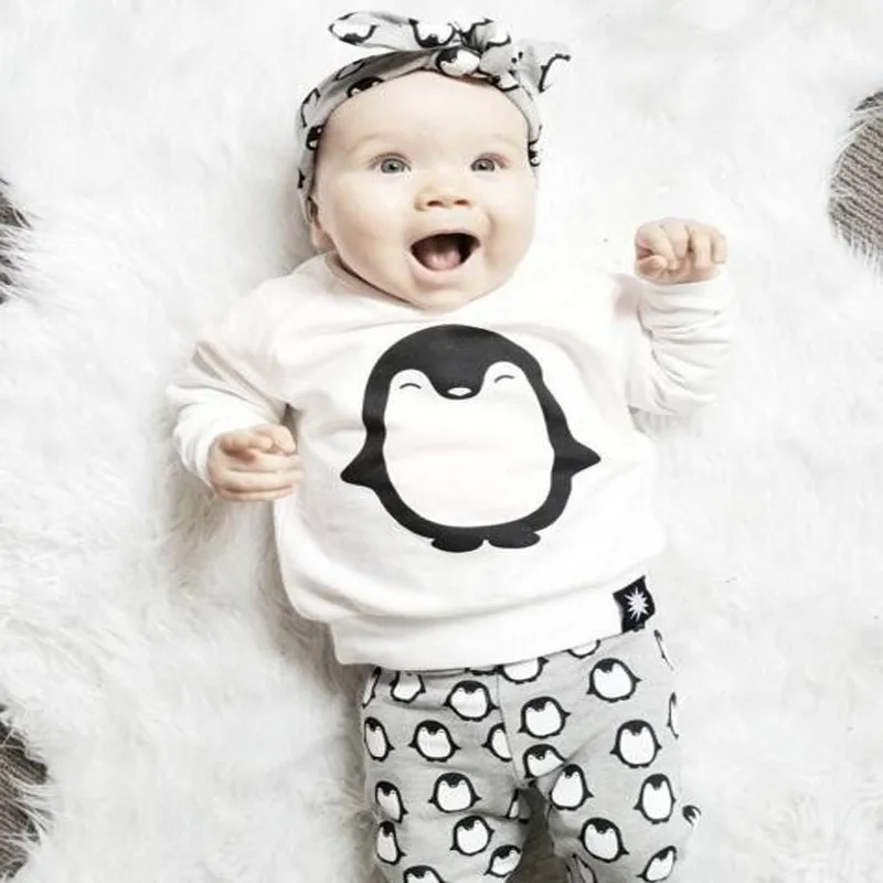 2018 Autumn Newborn Baby Girl Clothes 3pcs Sets Penguin Tops+Pants+Headband Cartoon Children Boy Clothing outfits | Детская одежда и