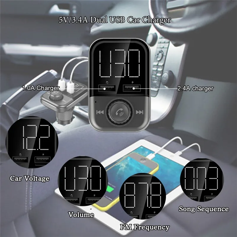 Fm-передатчик Bluetooth Радио адаптер громкой связи автомобильный комплект 3.4A Dual USB
