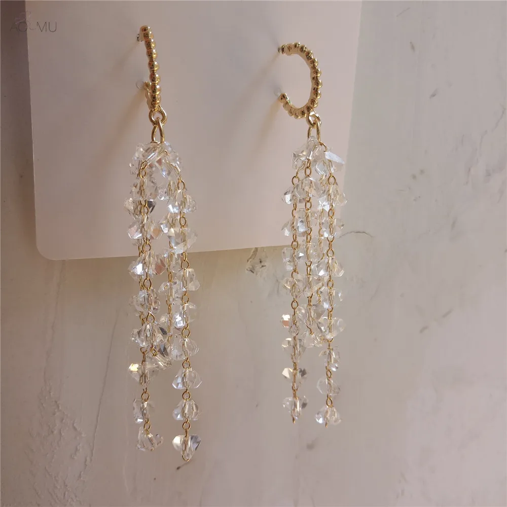 AOMU Personality Fashion Metal Circle Semicircular Irregular Crystal Tassel Loop Hoop Earrings for Women Gifts Wedding Jewelry