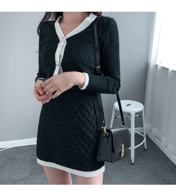 H Han queen/Новые Модные Цветные костюмы в Корейском стиле, вязаный кардиган с v-образным вырезом, топ и облегающая юбка с высокой талией, OL, комплект из 2 предметов