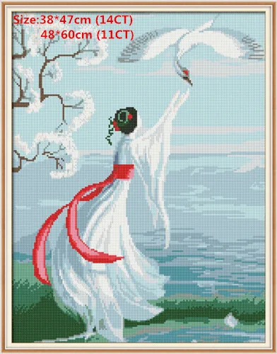 White crane Красивая женщина Simila рукоделие сделай сам Dmc Вышивка крестом картина отходы холст Набор для вышивки Ночная печать Ван Гога холст Dmc - Color: White crane