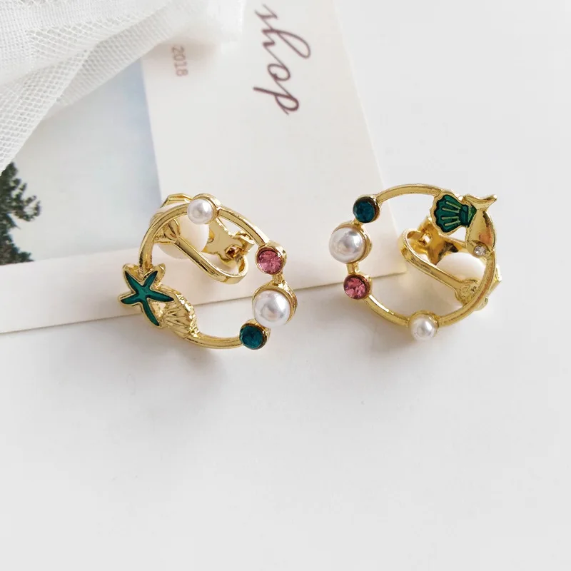 

Sweet Design Round Metal With Pink Green Glass Pearl Stud Earrings For Woman Jewelry