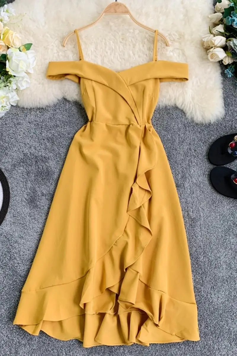 ALPHALMODA женское изящное плиссированное платье с открытыми плечами, тонкое асимметричное платье на бретельках, Летнее Платье До Колена