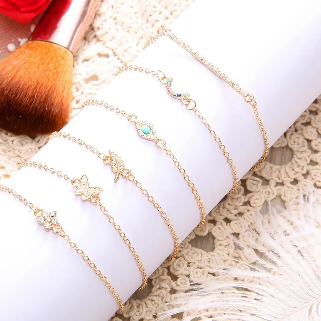 Fashion Women Butterfly Eye Star Moon Leaves Multilayer 22cm/8.7inch Bracelet Party Set of (6Pcs) Jewelry Gold | Украшения и