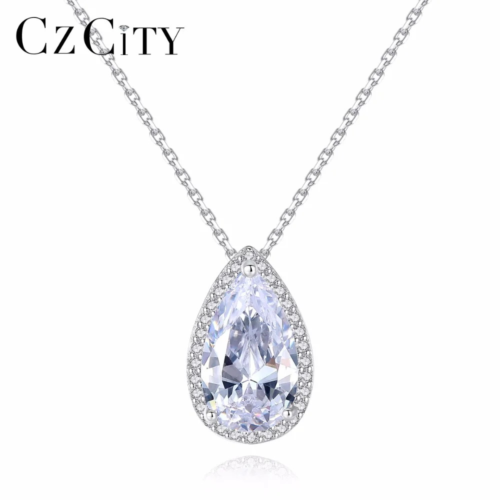 

CZCITY White Yellow Cubic Zirconia Women Chain Silver Pendant Necklace for Women Classic Water Drop Type Statement Necklace Gift