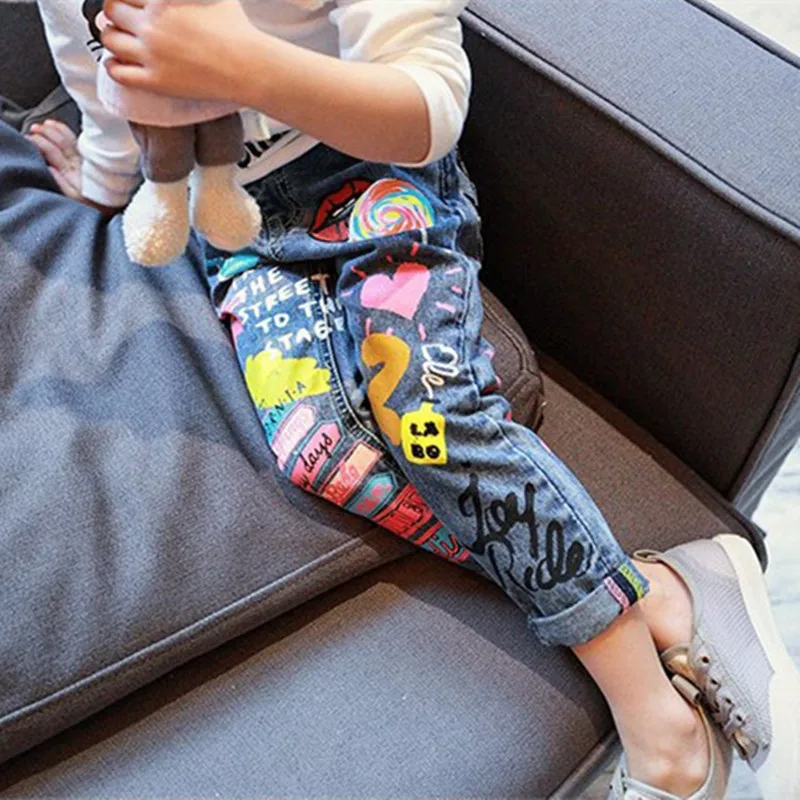 Детские брюки с мультяшным рисунком Длинные повседневные джинсы для девочек 2 8