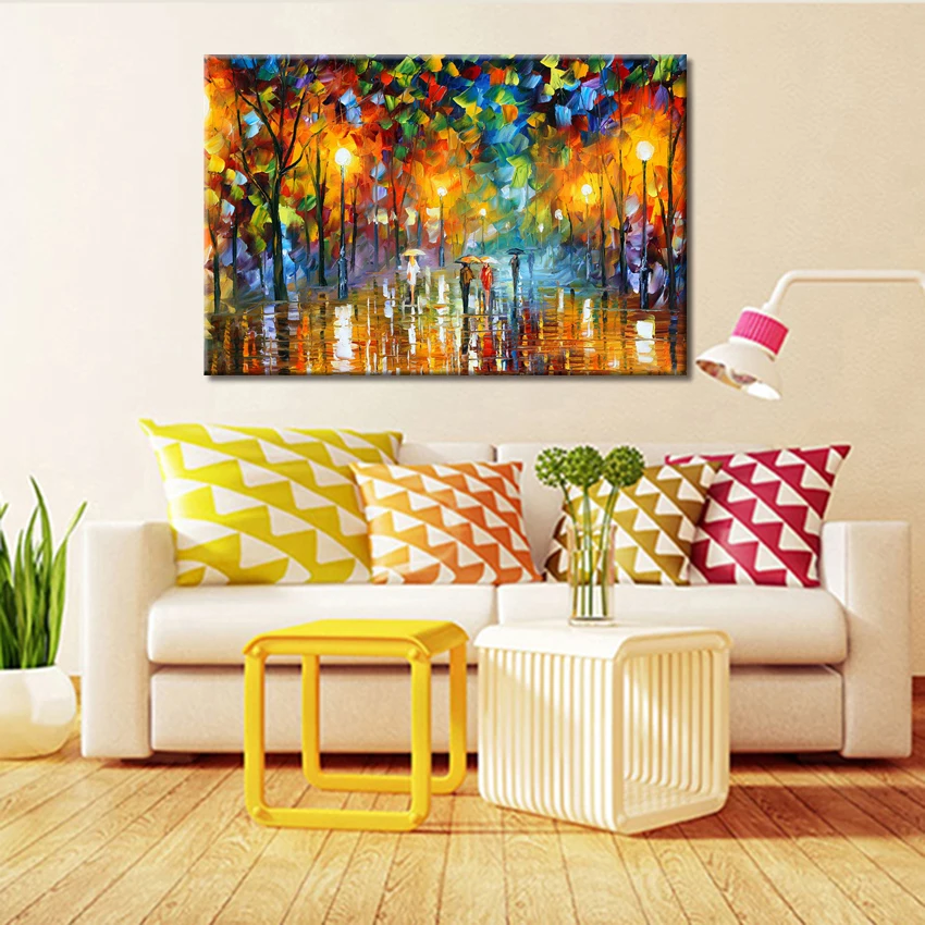 Large Handpainted Lover Rain Street Tree Lamp Landscape Oil Painting On Canvas Wall Art Pictures For Living Room Home Decor | Дом и сад