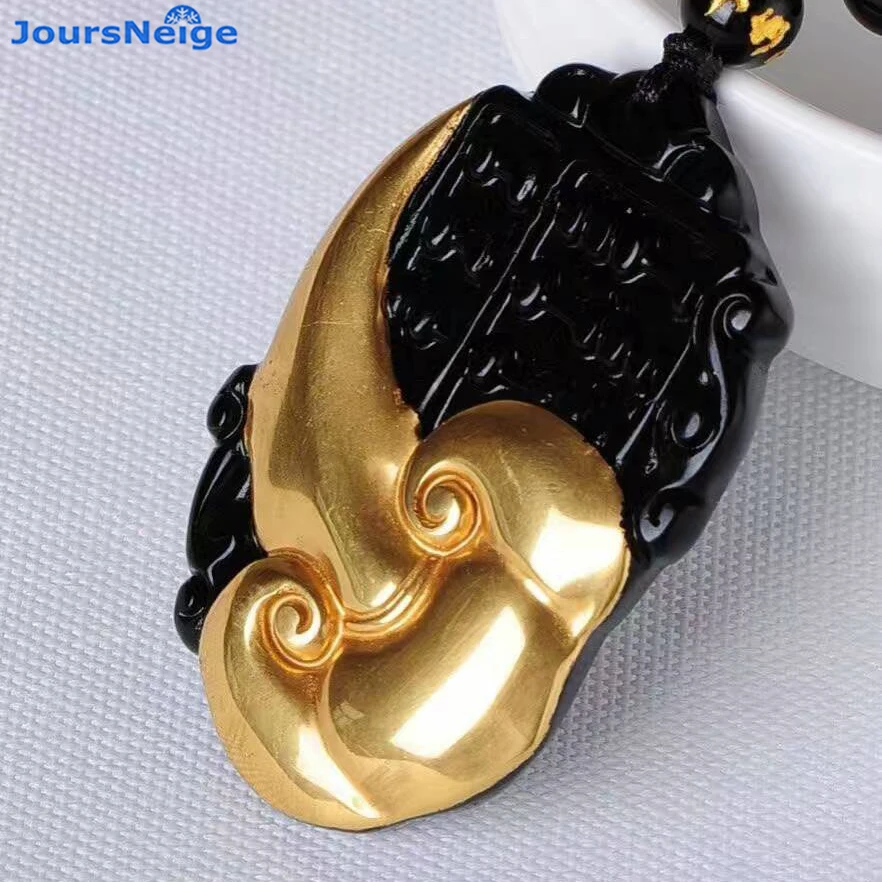Оптовая продажа Золотой + натуральный черный обсидиан резной амулет Руи