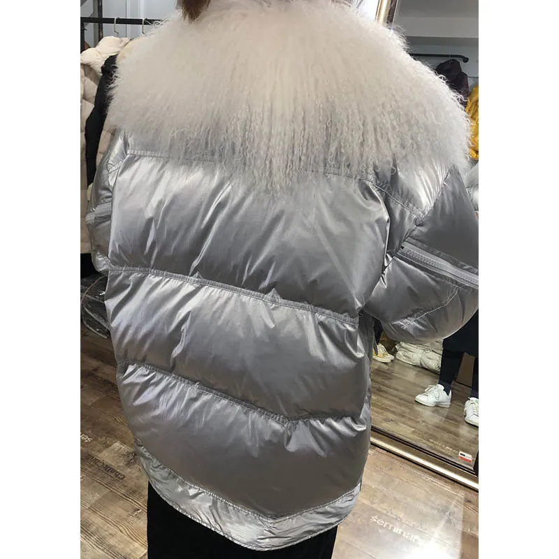 Winter Jacket Women Glossy Down Parka Glossy Long Down Coat Female Warm Thicken Hooded Loose Parkas Real Fur Jackets Waterproof