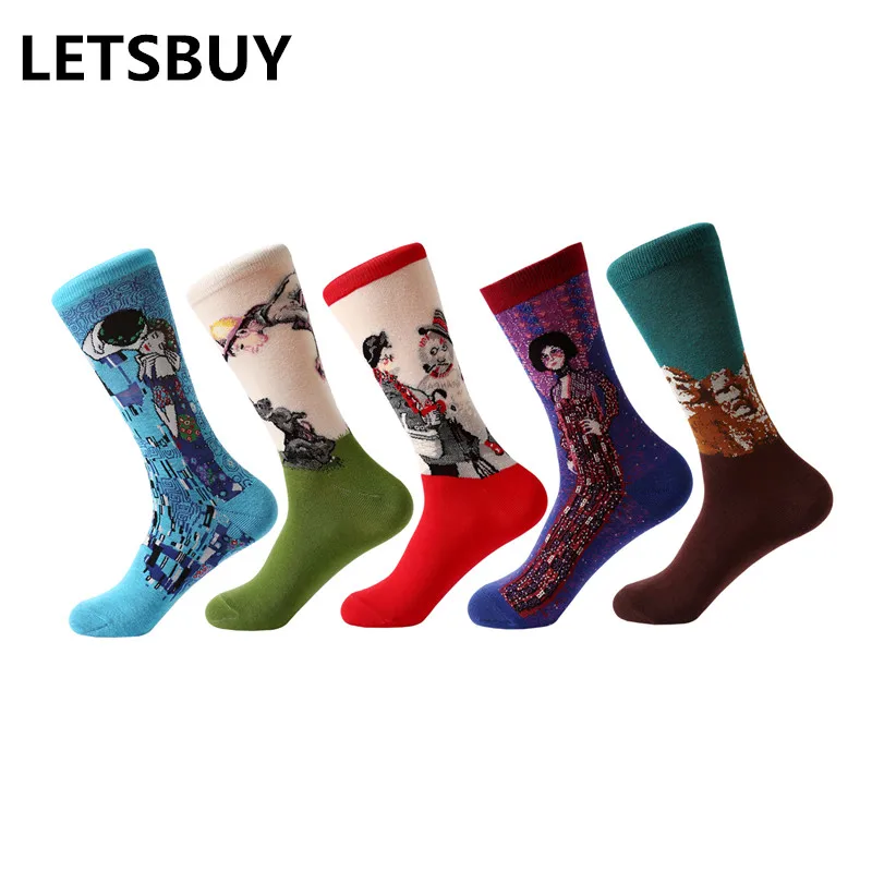 LETSBUY/5 пар/лот мужские забавные носки хлопковые с масляной росписью Ван Гога