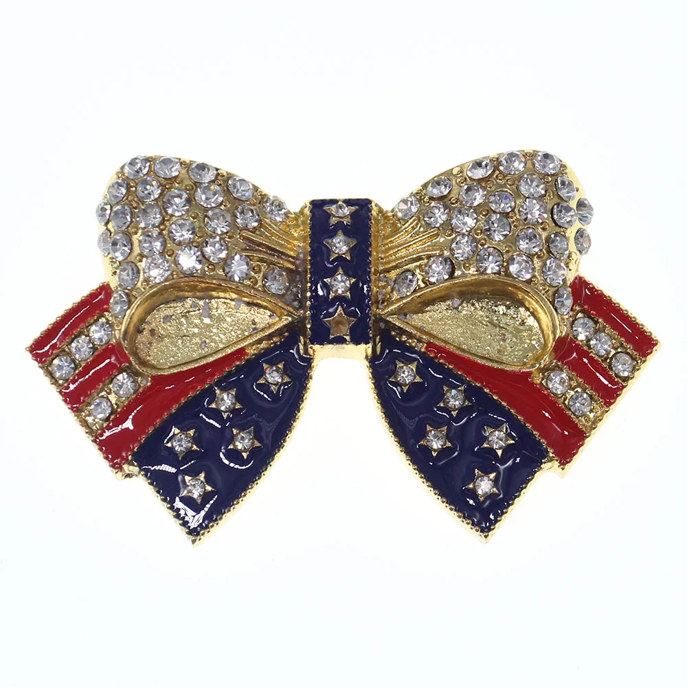 

20pcs/lot Free Shipping 60mm Zinc Alloy Gold Pating Enamel Crystal USA Flag Bow-Knot Brooches Brooch Rhinestone Brooch