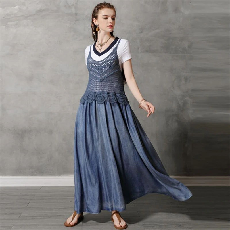 

Summer Sundress Women Long Maxi Dress 2019 Ladies Sexy Elegant Sling Vestidos Vintage Hollow lace stitching Robe Femme Dresses