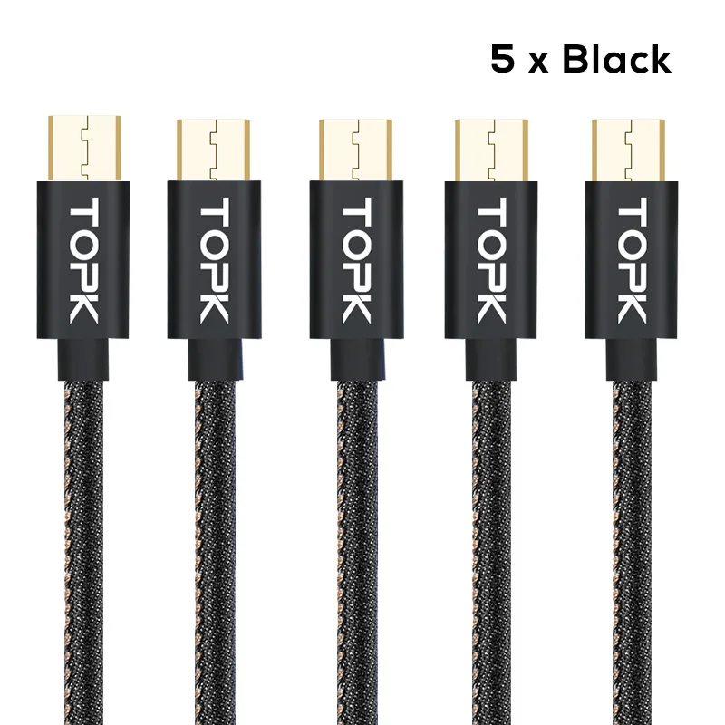 TOPK [5-Pack] mi cro USB кабель в джинсовой оплетке для синхронизации данных, USB кабель для мобильного телефона для Xiao mi redmi 4x mi 5 samsung huawei sony LG
