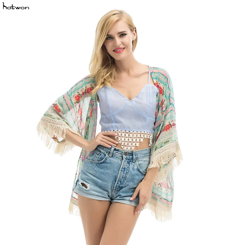 Женское кимоно с цветочным принтом Свободная шифоновая блузка в стиле бохо