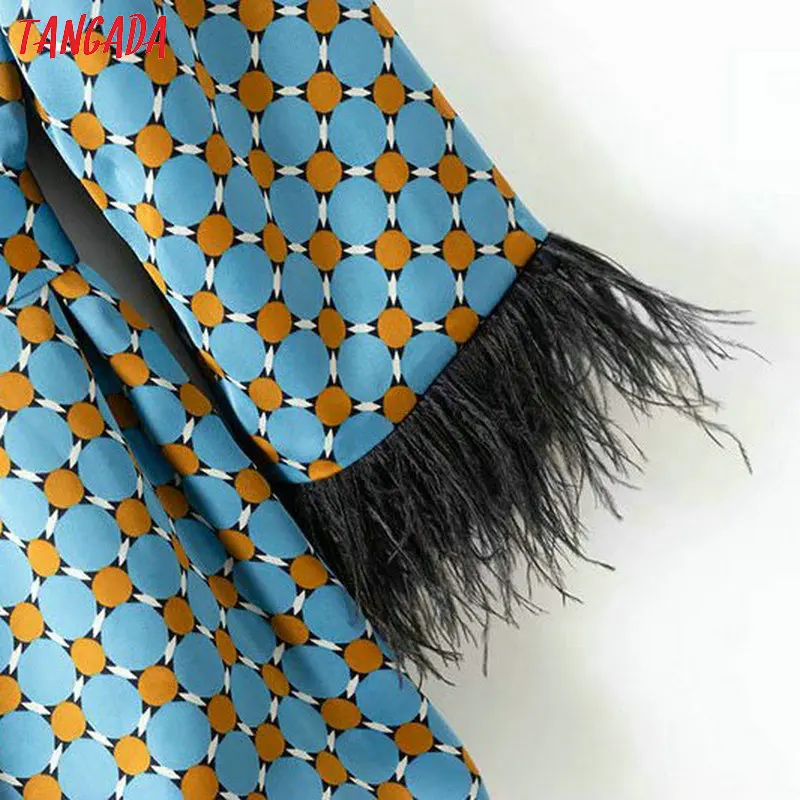 Tangada кимоно с перьями женское мятный жакет поясом кардиган голубой шелковое