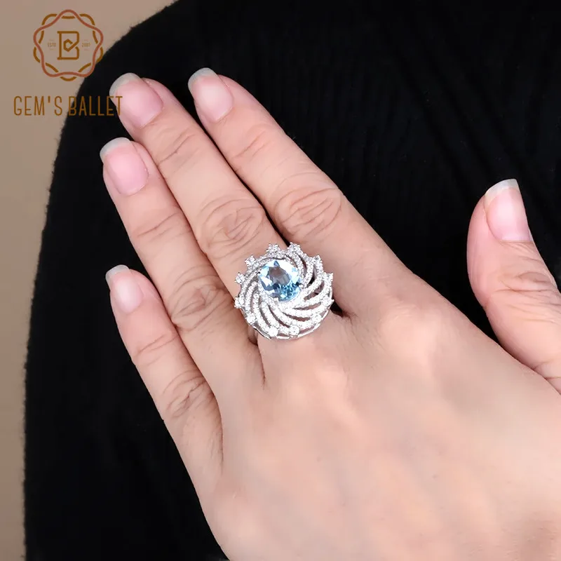 

Женское кольцо для коктейлей Gem's Ballet, роскошное кольцо из натурального небесно-голубого топаза, обручальные кольца с драгоценными камнями и...