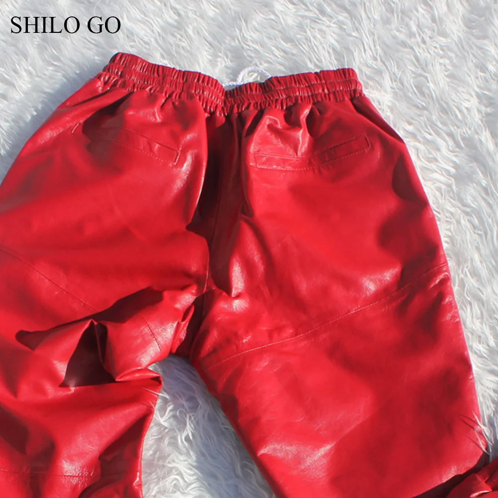 

SHILO GO Leather Pants Womens Spring Fashion sheepskin genuine leather pants tie stretch high waist Casual colors side line