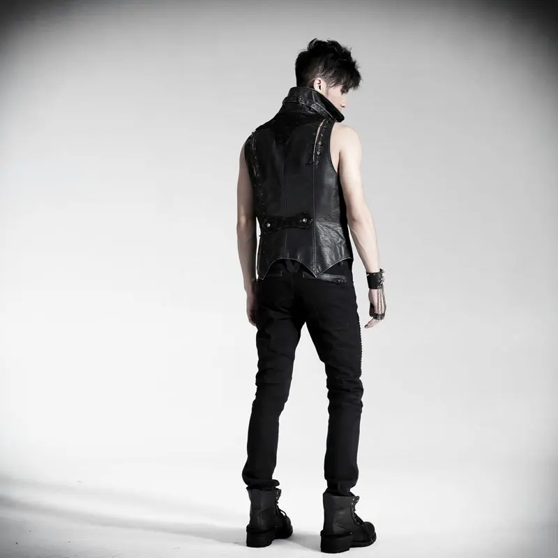 Готический Искусственная Кожа Черный cool Мужчины жилет Мода нагрудные пробивая