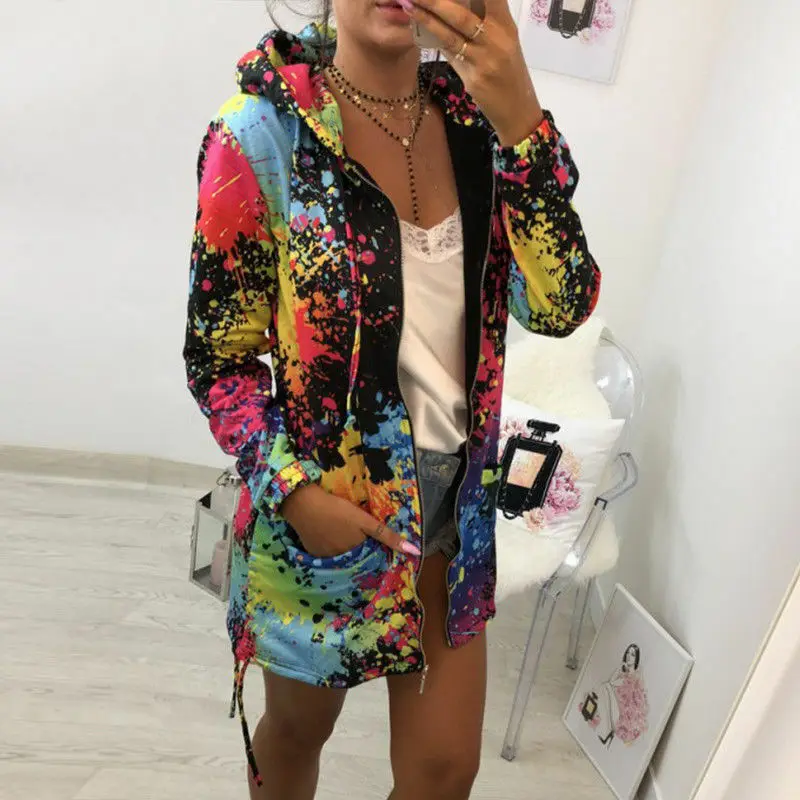 Женская теплая цветная Длинная ветровка с капюшоном куртка верхняя одежда осень