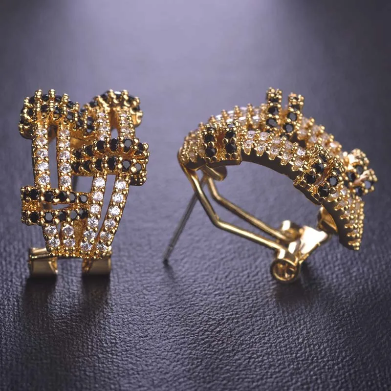 Женские свадебные серьги Blucome золотого цвета из меди с микрозакрепкой и черным