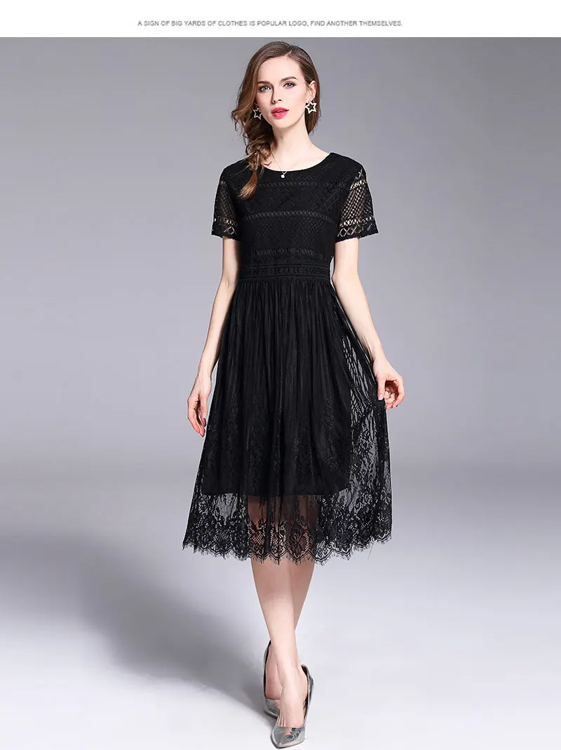 Женское летнее черное кружевное платье размера плюс, женская одежда, Vestido Mujer Verano, короткие рукава, круглый вырез, миди, вечерние платья K8801
