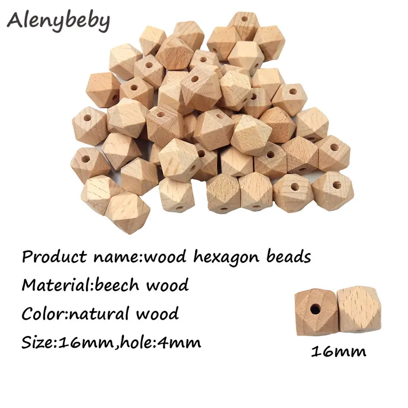 16mm 50pcs 50 шт. бусина из бука, прорезыватель, необработанная натуральная Геометрическая, Шестигранная форма, деревянные бусины для DIY, детский Прорезыватель Nacklace - Цвет: 16mm 50pcs