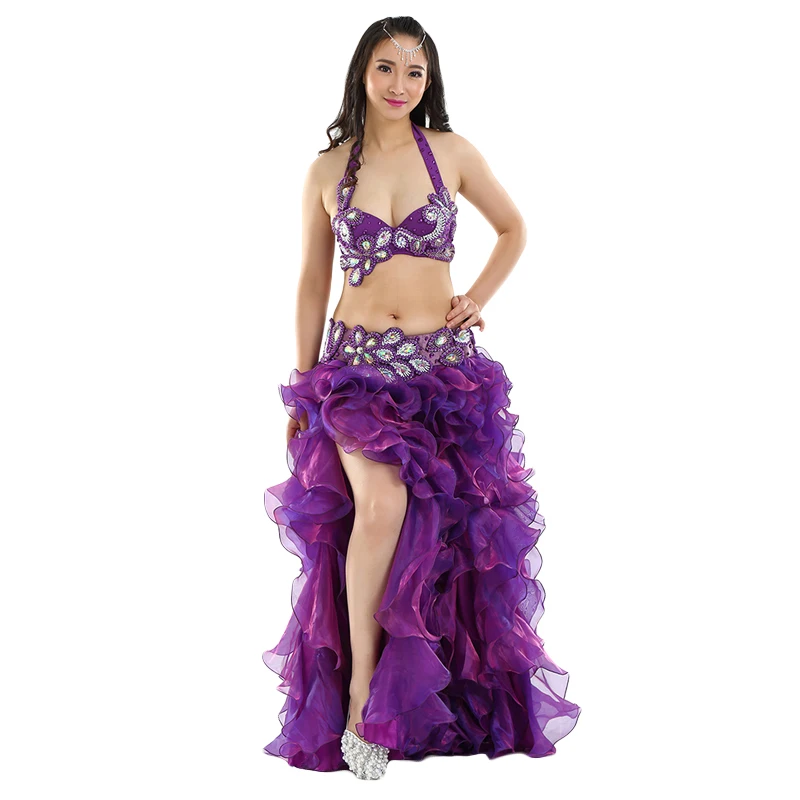 Purple 3pcs Профессиональный костюм для восточных танцев 2шт/3 шт бюстгальтер пояс юбка взрослый танец живота представление костюмы Профессиональный танец живота - Цвет: Purple 3pcs