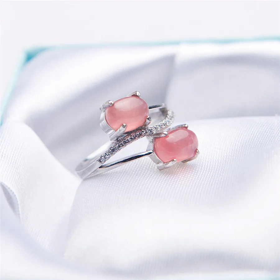 Женское регулируемое кольцо с натуральным камнем Rhodochrosite из стерлингового