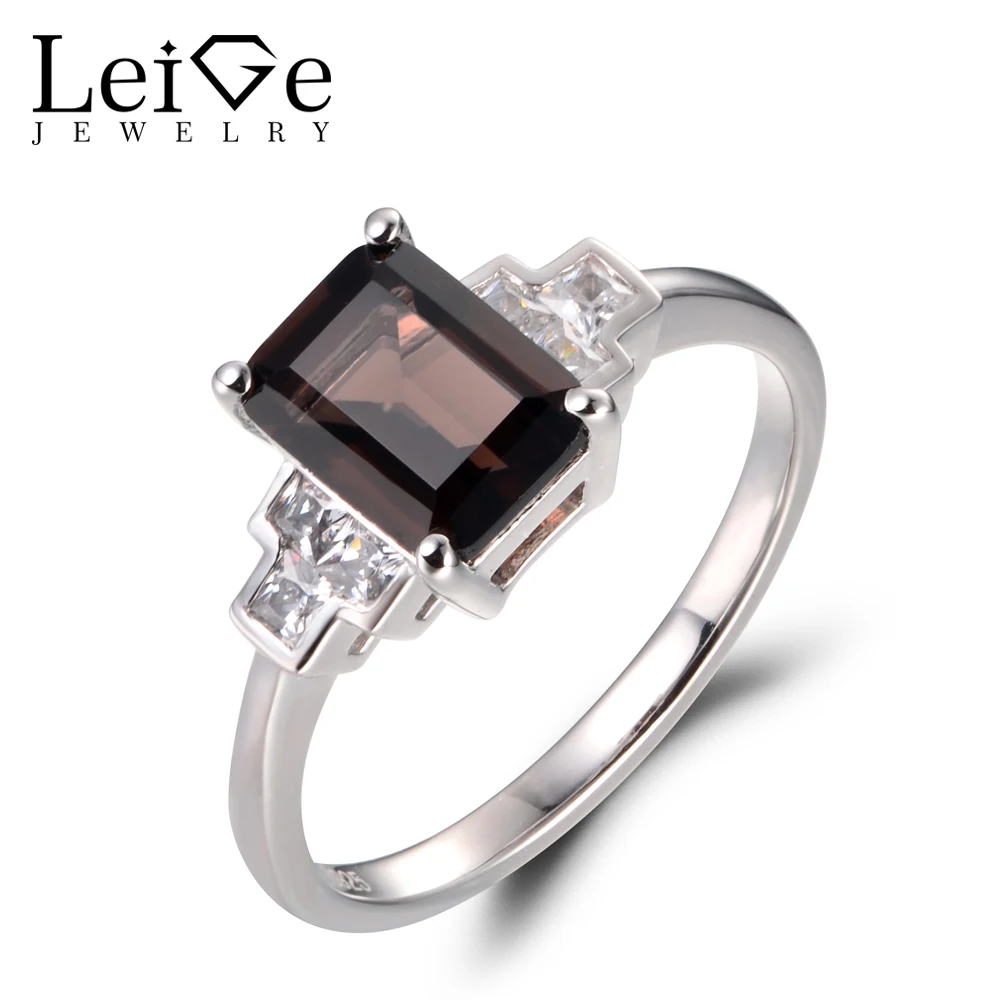 

Leige Jewelry Natural Smoky Quartz Rings Promise Rings 925 Sterling Silver Emerald Cut Brown Gemstone Fine Jewelry for Women