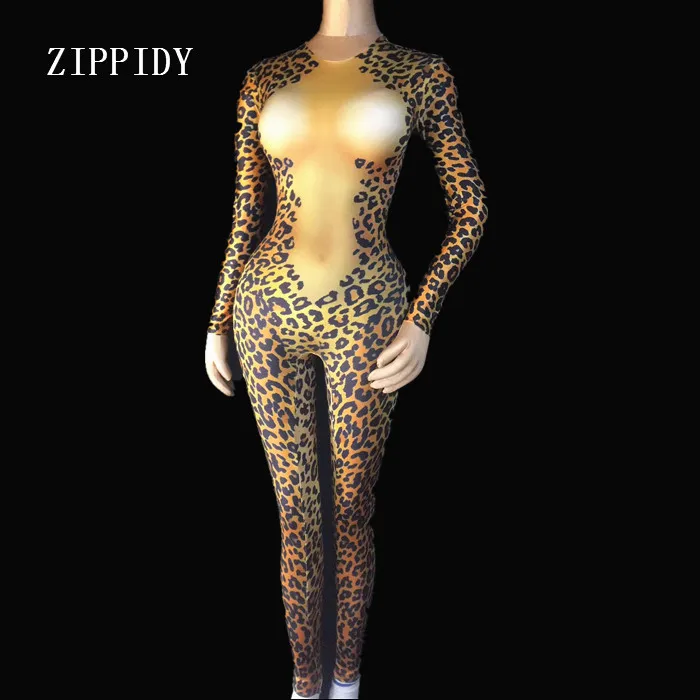 Rhinestones Leopard Jumpsuit Large Stretch Sexy Bodysuit Women's Stage Costume One-piece Printed Skinny Crystals Rompers |