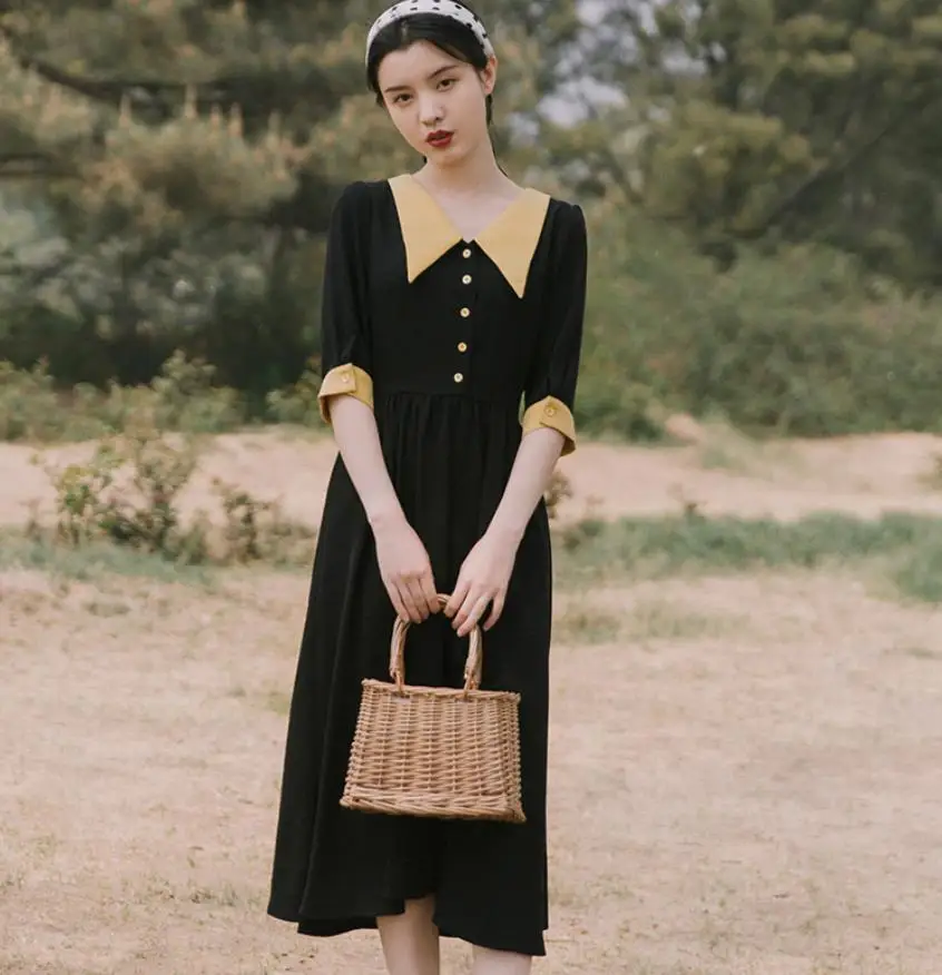 

Autumn fashion brand national retro hit color v neck Dresses female high waist was thin Hepburn Little Black Dress wq1941